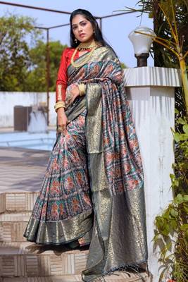 multicolor Designer Wedding Pure Soft Padding Patola Print Banarasi Silk Saree 1
