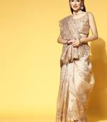 SAREE MALL Women's Organza Beige Embroidered Designer Saree With Blouse Piece