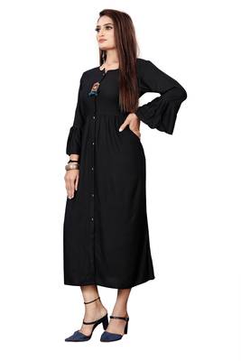 Black plain rayon long-kurtis 3