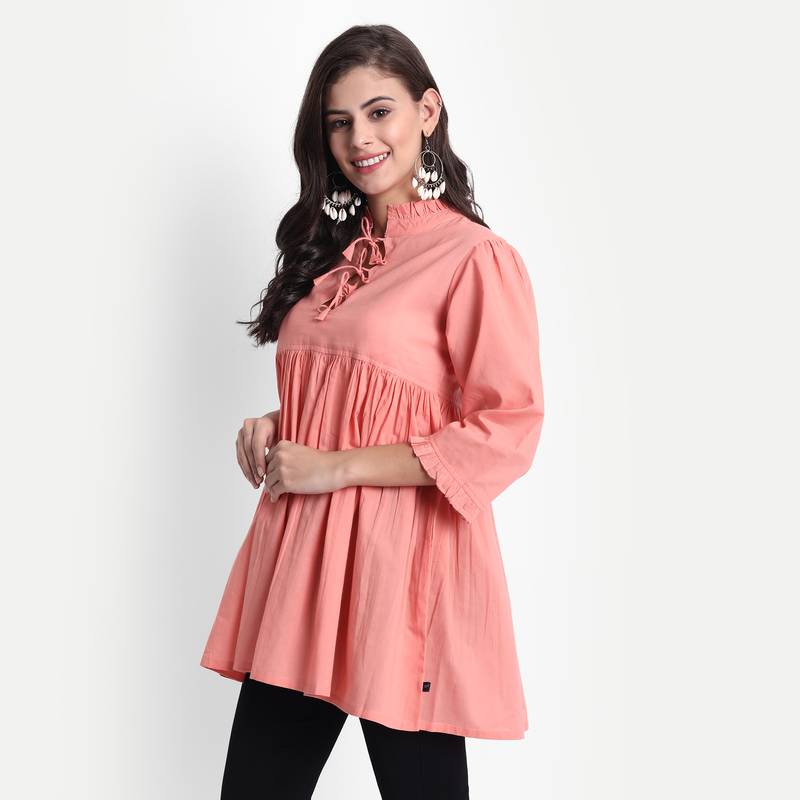 Women's Cotton Casual Solid/Plain Top ( Coral )