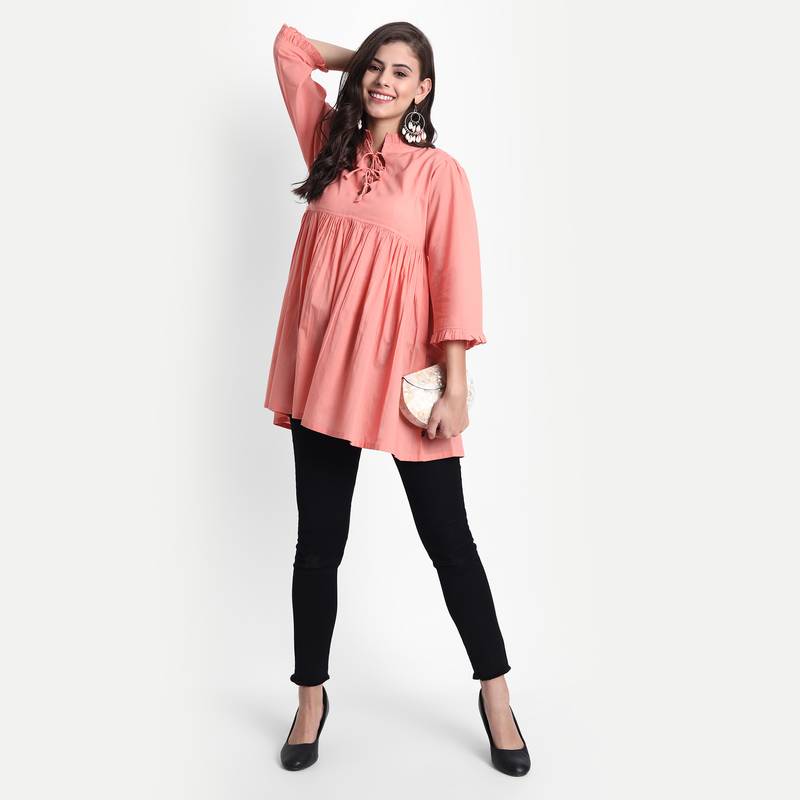 Women's Cotton Casual Solid/Plain Top ( Coral )