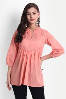 Women Casual Cotton Solid / Plain Top ( Coral )