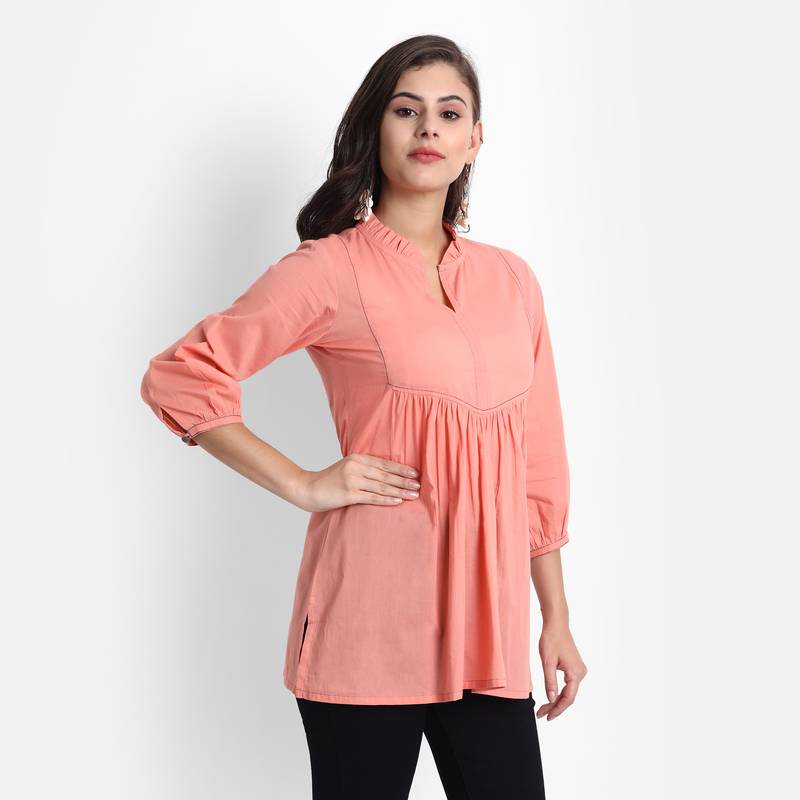 Women Casual Cotton Solid / Plain Top ( Coral )