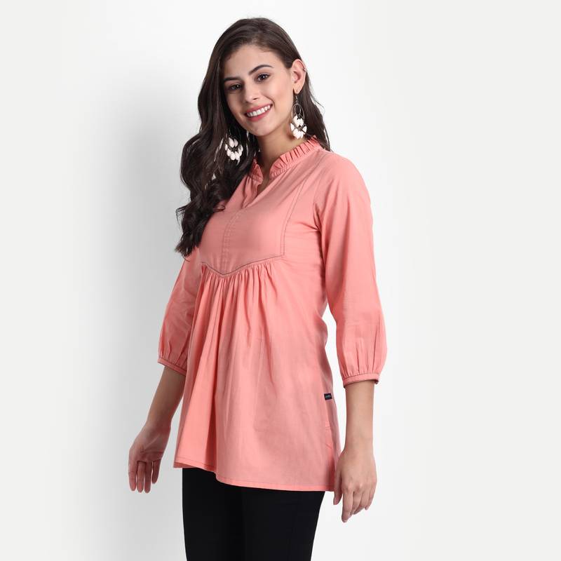 Women Casual Cotton Solid / Plain Top ( Coral )