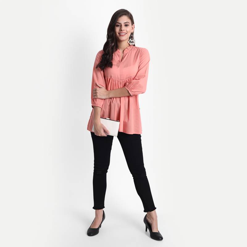 Women Casual Cotton Solid / Plain Top ( Coral )
