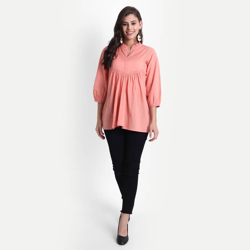 Women Casual Cotton Solid / Plain Top ( Coral )