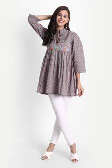 Women's Cotton Casual Printed Loop and Dori Work Top ( Multicolor )