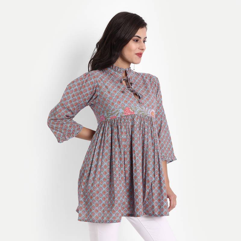 Women's Cotton Casual Printed Loop and Dori Work Top ( Multicolor )