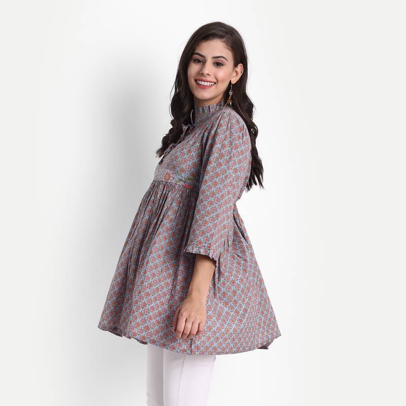 Women's Cotton Casual Printed Loop and Dori Work Top ( Multicolor )