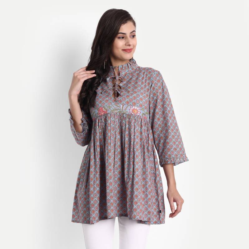 Women's Cotton Casual Printed Loop and Dori Work Top ( Multicolor )
