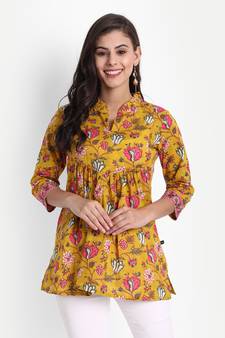 Women's Cotton Casual Printed Yoke and Thread Work Detailing on Top ( Mustard )
