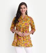 Women's Cotton Casual Printed Yoke and Thread Work Detailing on Top ( Mustard )