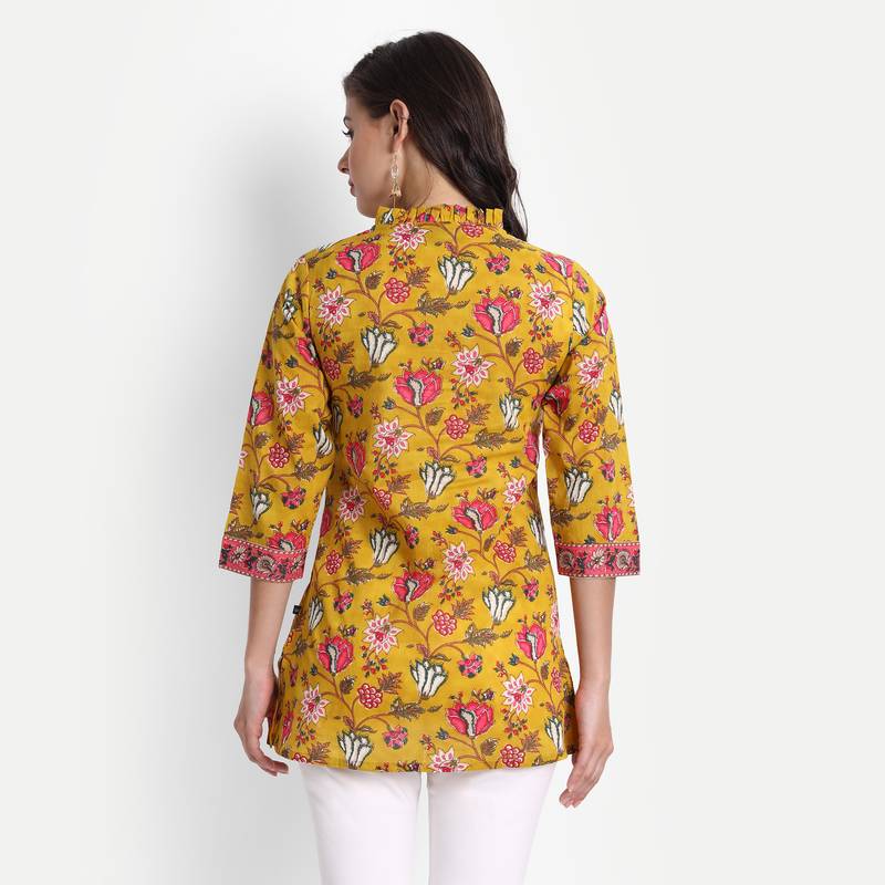 Women's Cotton Casual Printed Yoke and Thread Work Detailing on Top ( Mustard )