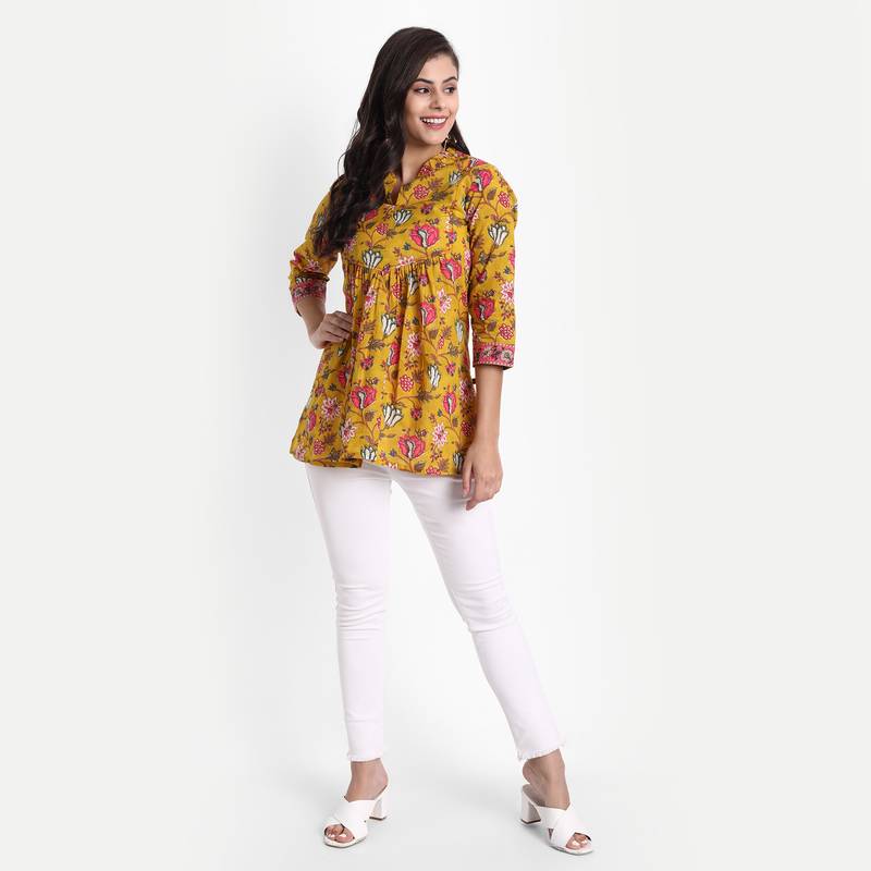 Women's Cotton Casual Printed Yoke and Thread Work Detailing on Top ( Mustard )