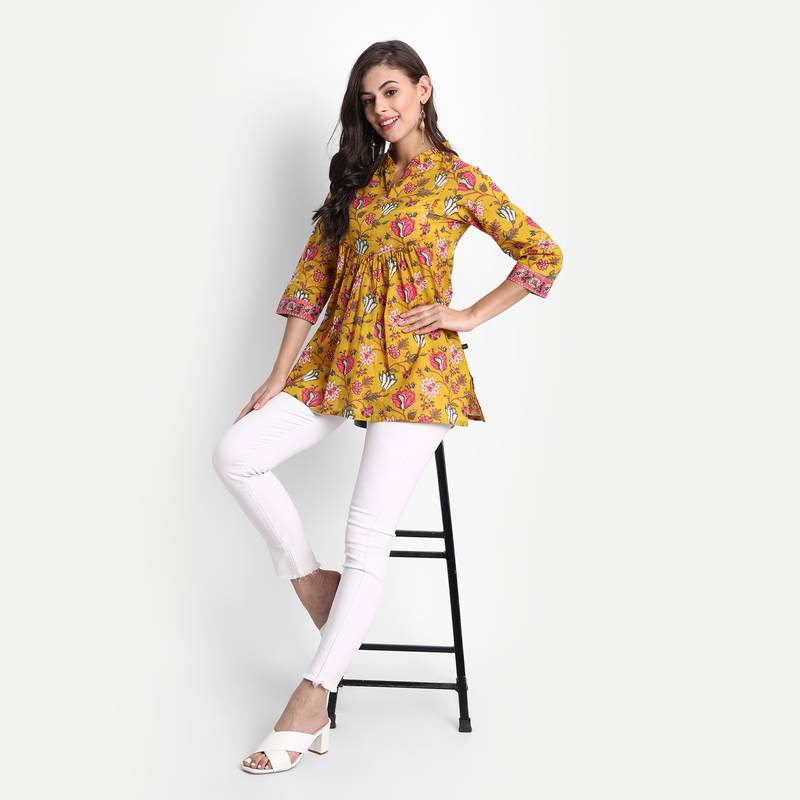 Women's Cotton Casual Printed Yoke and Thread Work Detailing on Top ( Mustard )