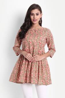 Women's Cotton Casual Floral Printed Top ( Peach )