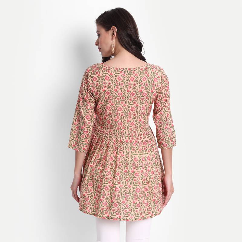 Women's Cotton Casual Floral Printed Top ( Peach )