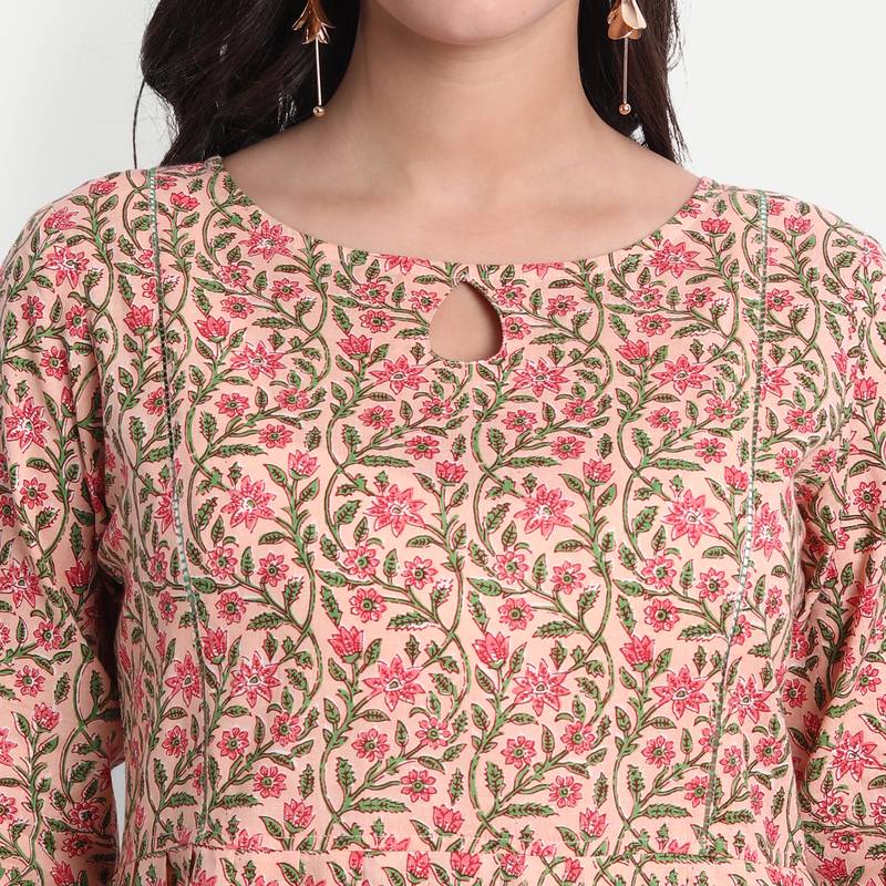 Women's Cotton Casual Floral Printed Top ( Peach )