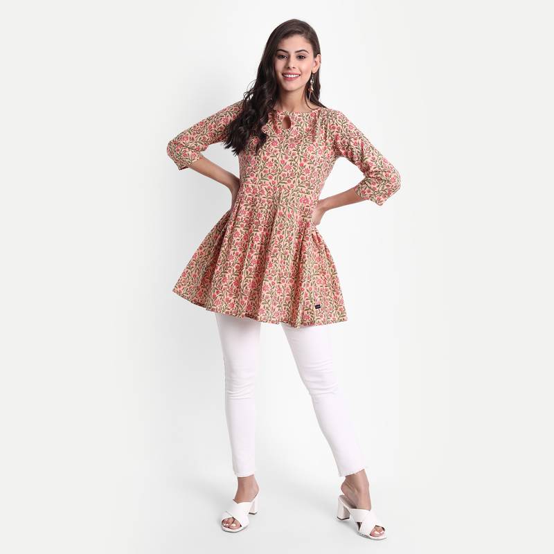 Women's Cotton Casual Floral Printed Top ( Peach )