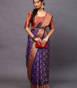 SAREE MALL Women's Silk Blend Purple Woven Design Designer Saree With Blouse Piece