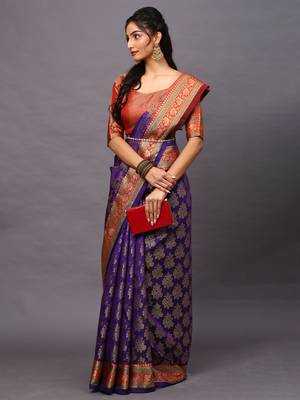 SAREE MALL Women's Silk Blend Purple Woven Design Designer Saree With Blouse Piece 3