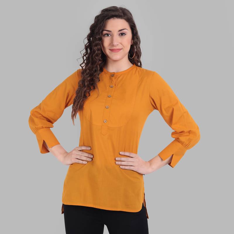 Cotton Casual Mustard Solid Top For Girls and Women