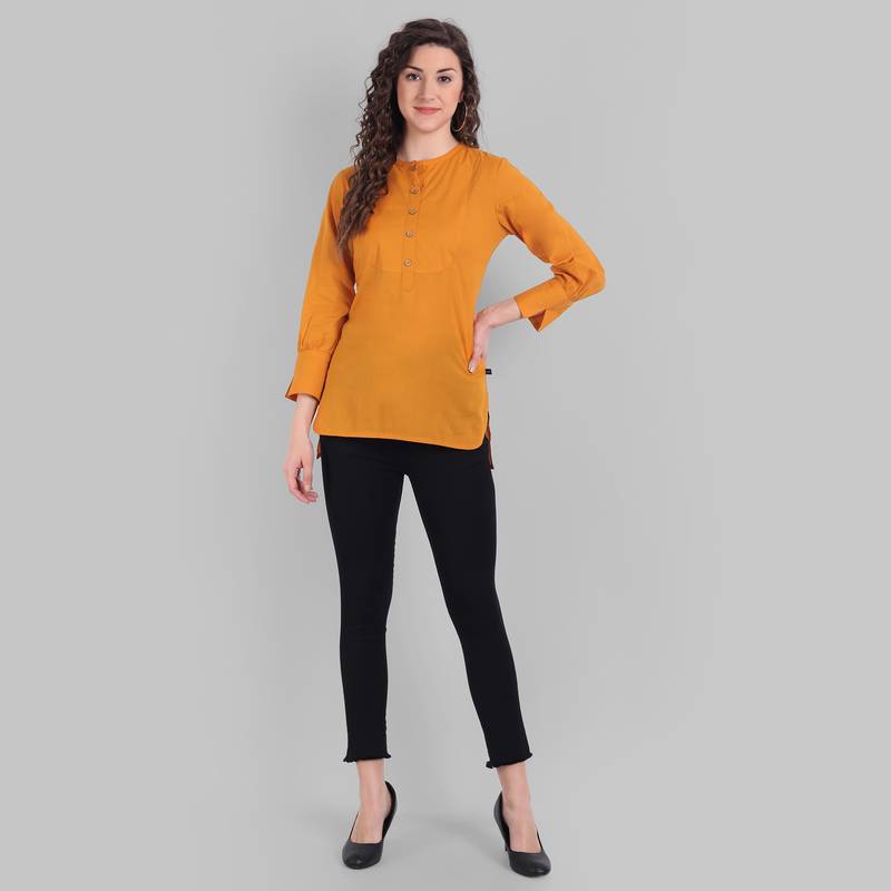 Cotton Casual Mustard Solid Top For Girls and Women