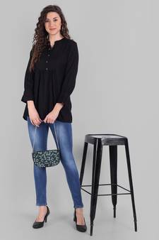 Cotton Casual Black Solid Top For Girls and Women ( Hip Length )
