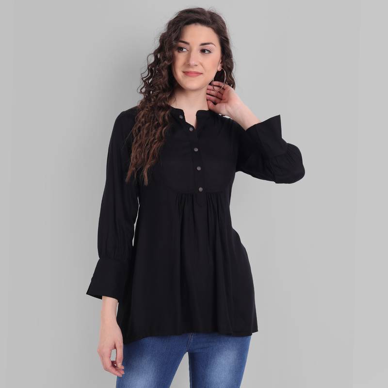 Cotton Casual Black Solid Top For Girls and Women ( Hip Length )