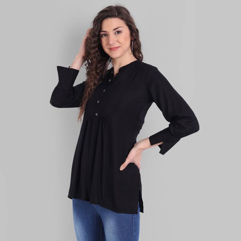 Cotton Casual Black Solid Top For Girls and Women ( Hip Length )