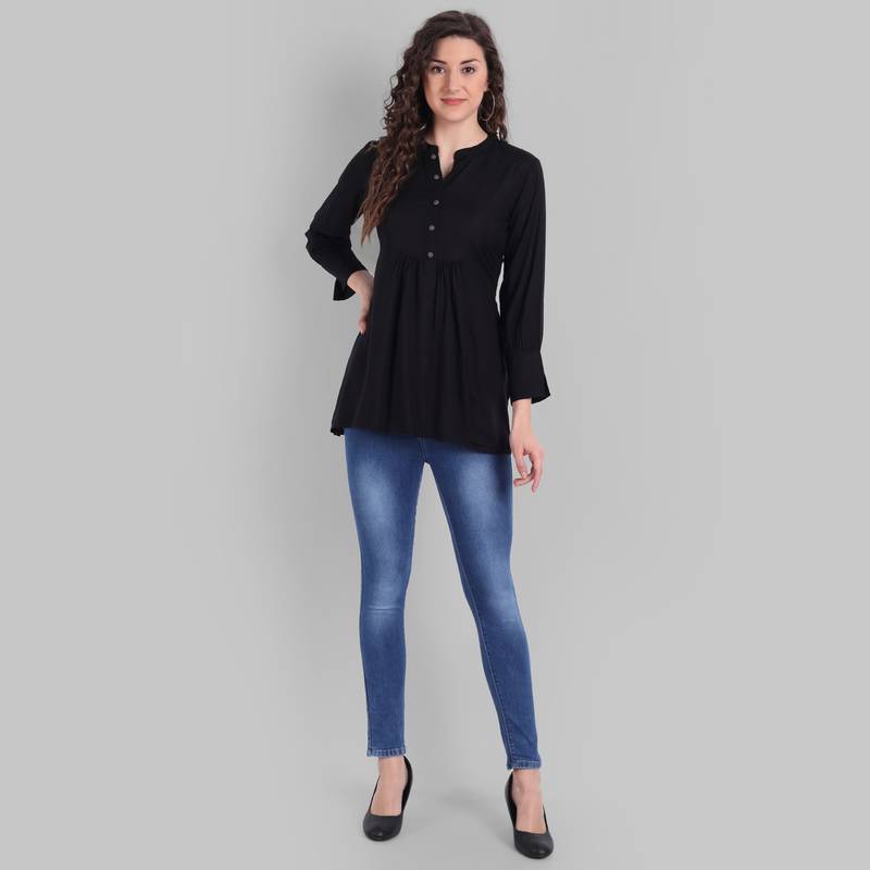 Cotton Casual Black Solid Top For Girls and Women ( Hip Length )