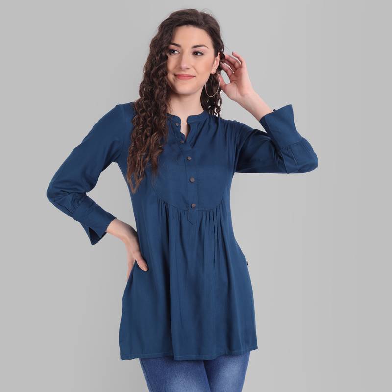 Rayon Casual Tea Blue Solid Top For Girls and Women ( Hip Length )