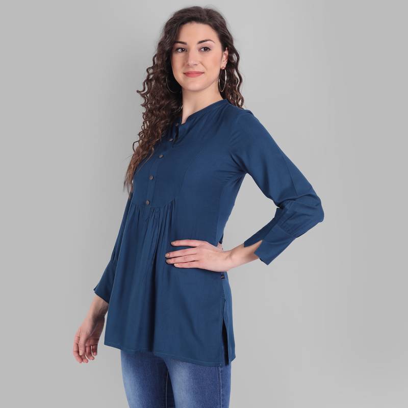 Rayon Casual Tea Blue Solid Top For Girls and Women ( Hip Length )
