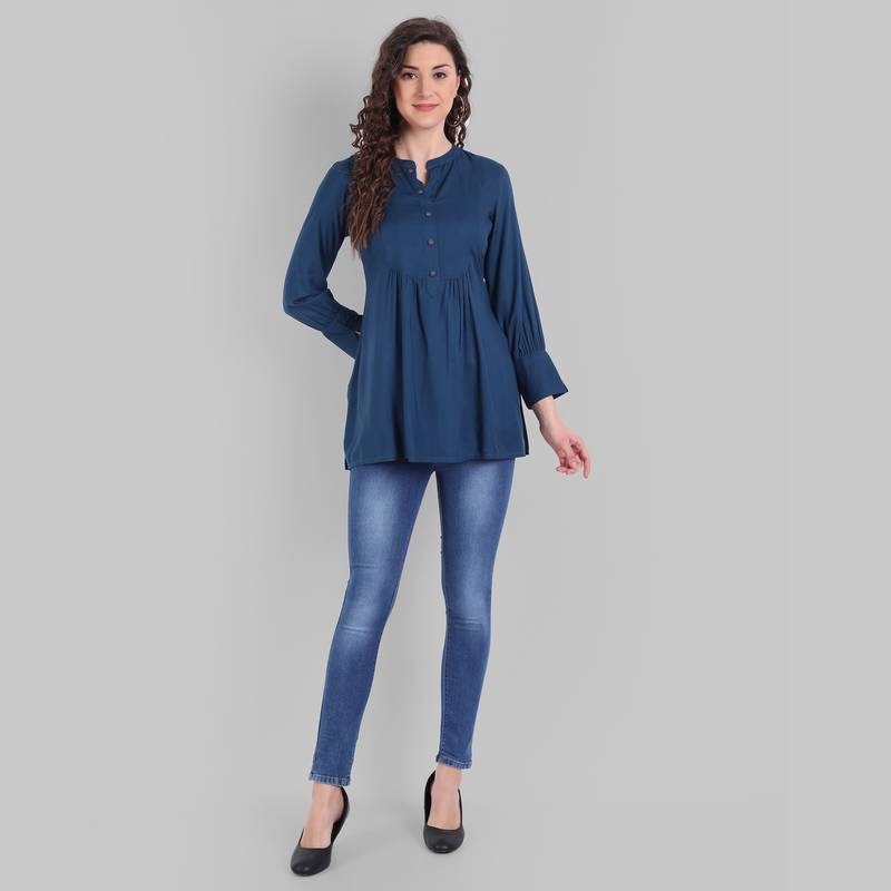 Rayon Casual Tea Blue Solid Top For Girls and Women ( Hip Length )