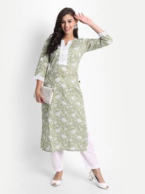 Women's Cotton Casual Green And White 
Floral Print Kurta Set 1