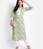 Women's Cotton Casual Green And White 
Floral Print Kurta Set