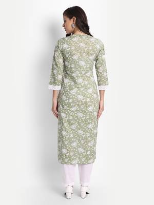 Women's Cotton Casual Green And White 
Floral Print Kurta Set 2