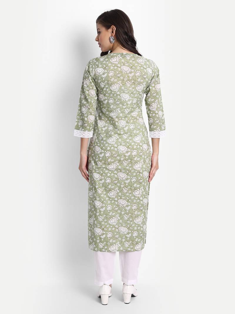 Women's Cotton Casual Green And White 
Floral Print Kurta Set
