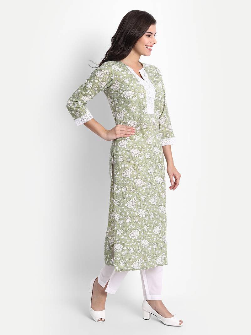 Women's Cotton Casual Green And White 
Floral Print Kurta Set