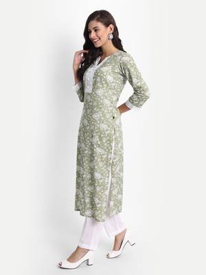 Women's Cotton Casual Green And White 
Floral Print Kurta Set 4