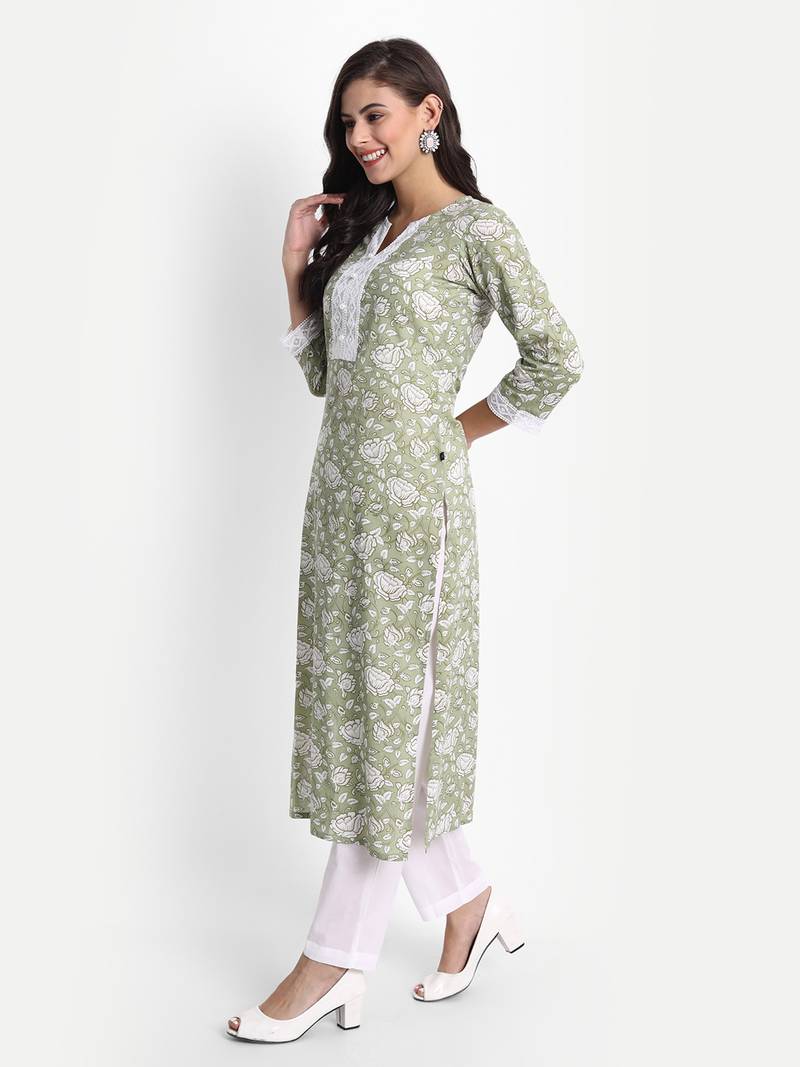 Women's Cotton Casual Green And White 
Floral Print Kurta Set
