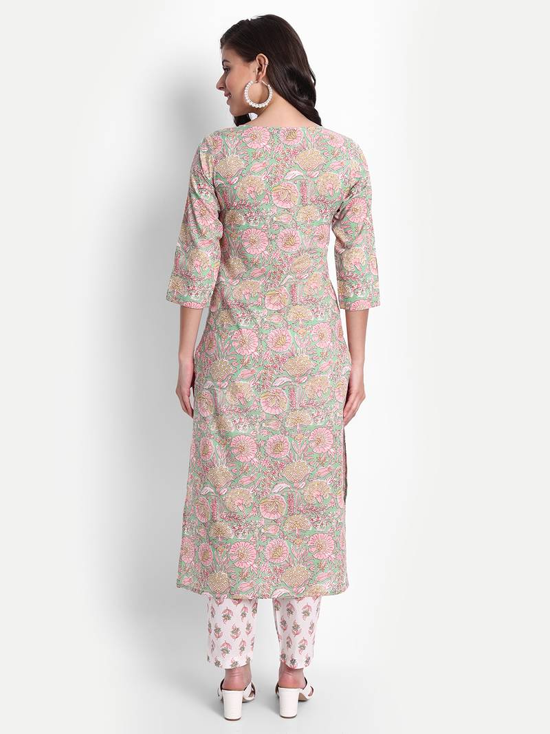 Women's Cotton Casual Pista Green And Pink Printed Kurta Set With Dupatta
