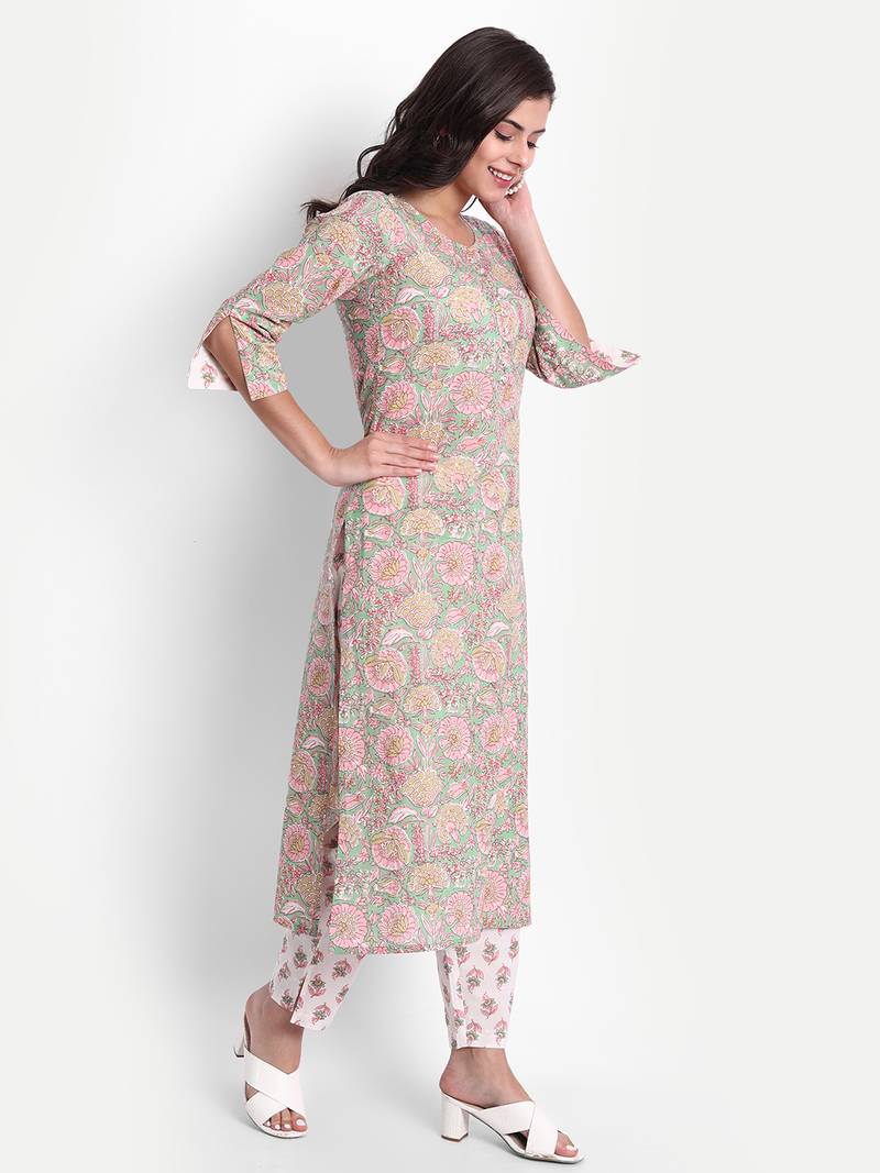 Women's Cotton Casual Pista Green And Pink Printed Kurta Set With Dupatta