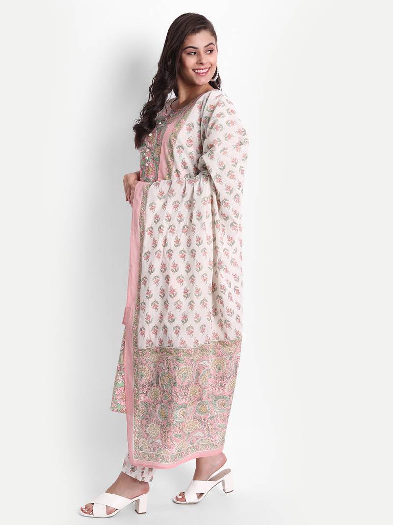 Women's Cotton Casual Pista Green And Pink Printed Kurta Set With Dupatta