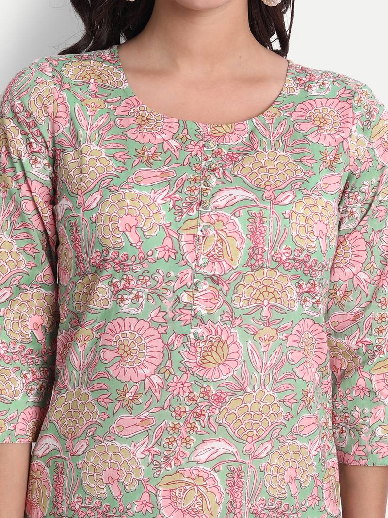 Women's Cotton Casual Pista Green And Pink Printed Kurta Set With Dupatta