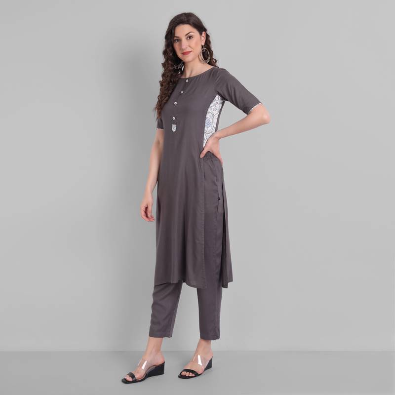 Rayon Casual Grey Solid Kurta With Pant  for Girls and Women in 44 Inch Length
