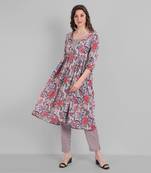 Cotton Casual Grey Floral print Kurta With Pant  for Girls and Women in 46 Inch Length