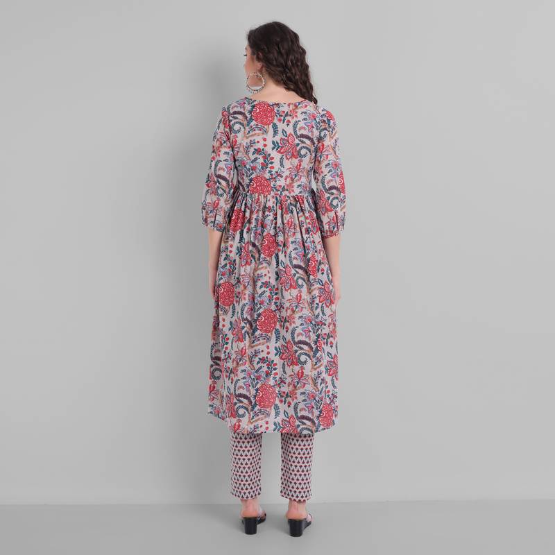 Cotton Casual Grey Floral print Kurta With Pant  for Girls and Women in 46 Inch Length
