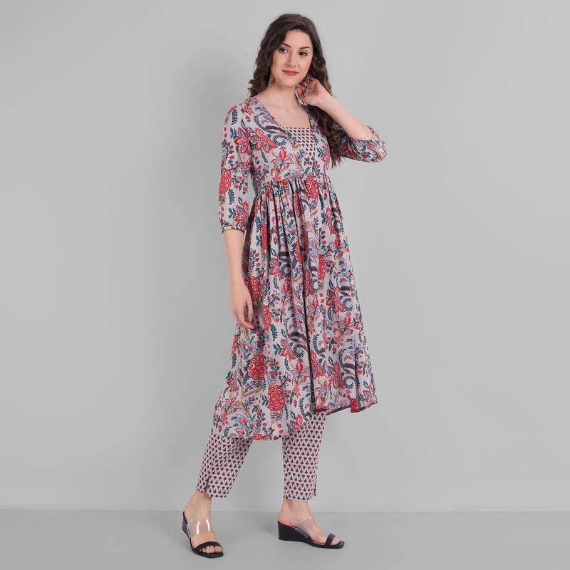 Cotton Casual Grey Floral print Kurta With Pant  for Girls and Women in 46 Inch Length