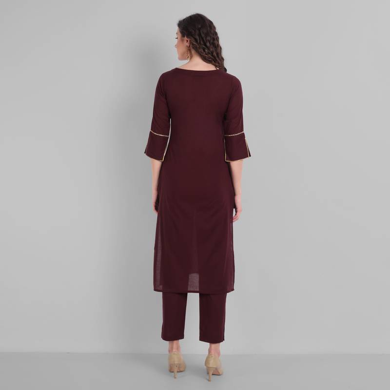 Cotton Casual Raspberry or Wine Solid Kurta With Pant  for Girls and Women in 45 Inch Length